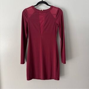 Express Mesh Shoulder‎ Crew Neck Long Sleeve Bodycon Mini Dress | Burgundy